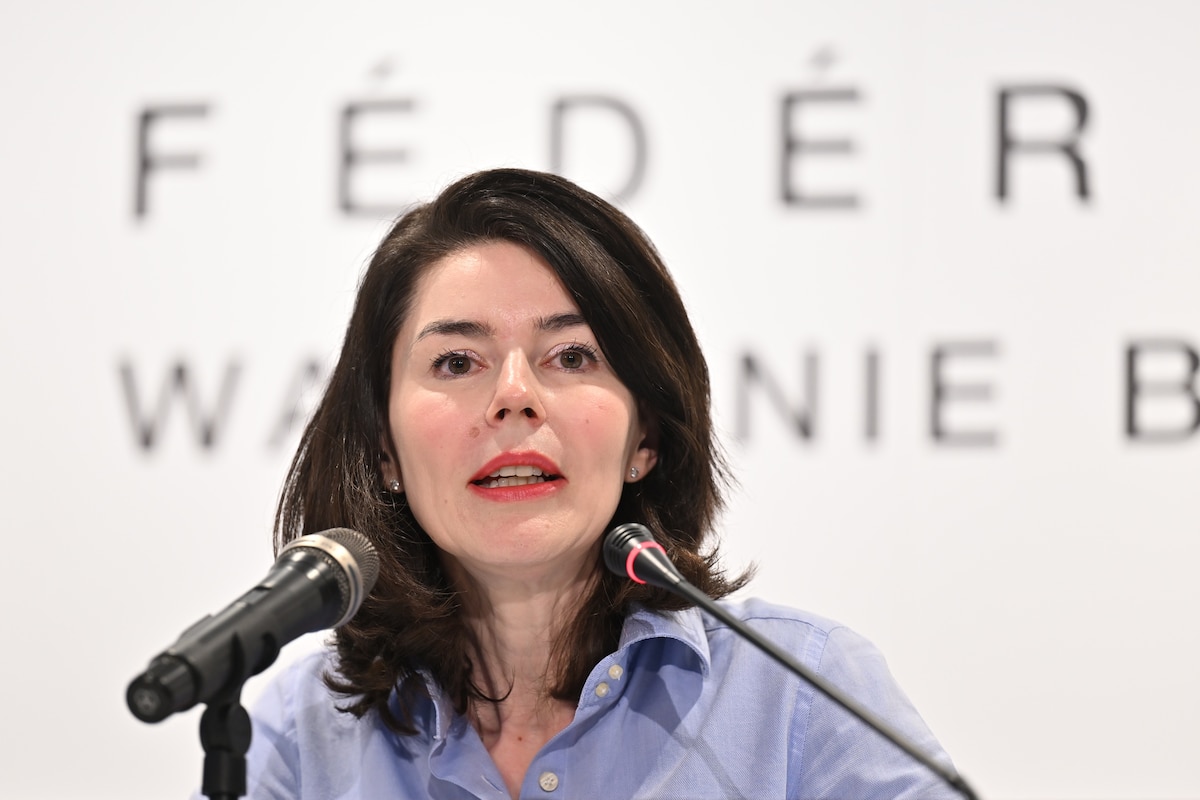 Federation Wallonia - Brussels vice-president and minister of education Valerie Glatigny pictured during a press conference on the education decree before the plenary session of the Federation Wallonia-Brussels parliament (Federation Wallonie-Bruxelles - Federatie Wallonie-Brussel) for the vote, in Brussels, on Thursday 04 June 2026. The vote of the program decree for education, which includes numerous austerity measures, is expected today by the government majority, despite major protests by teachers and students.
BELGA PHOTO EMILE WINDAL